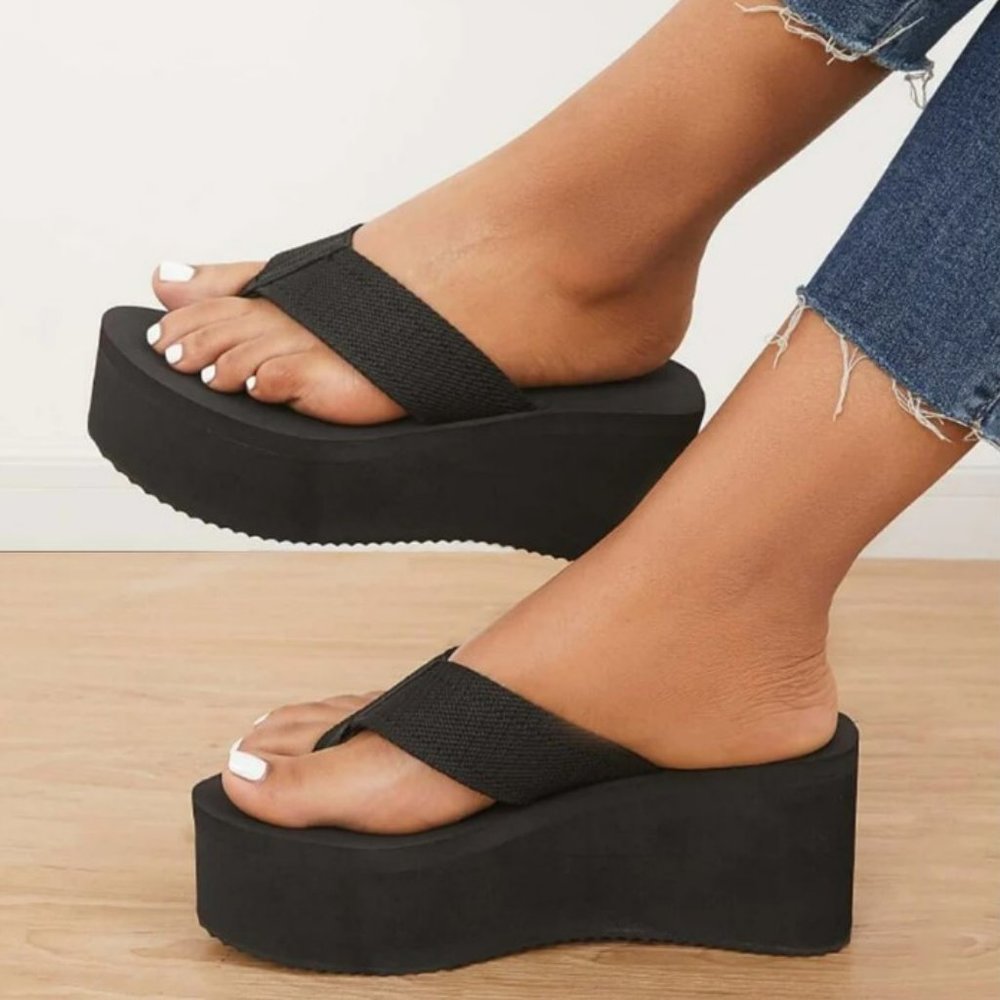 Restocked Black Foam Platform Wedge Flip Flop Sandals - Picture 6 of 9